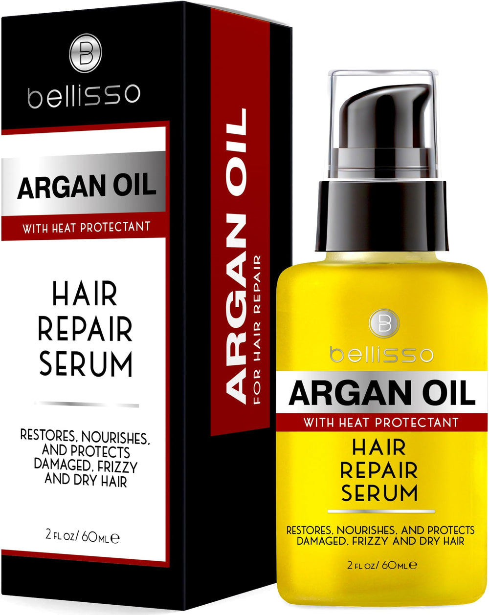 Bellisso Moroccan Argan Oil Serum bottle closeup showing frizz-control formula