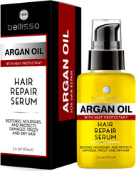Bellisso Moroccan Argan Oil Serum bottle closeup showing frizz-control formula