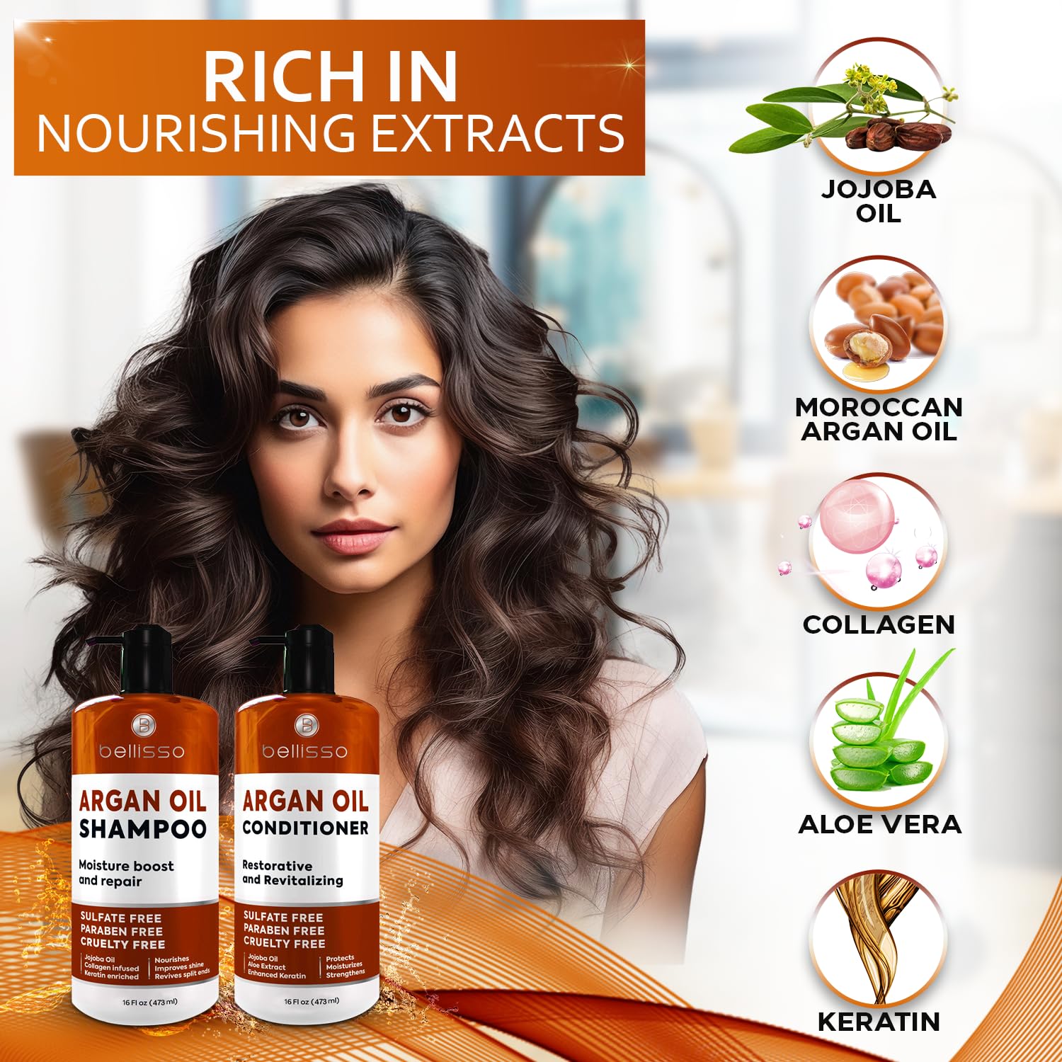 Bellisso argan oil set packaging emphasizes sulfate-free, paraben-free care for all hair types
