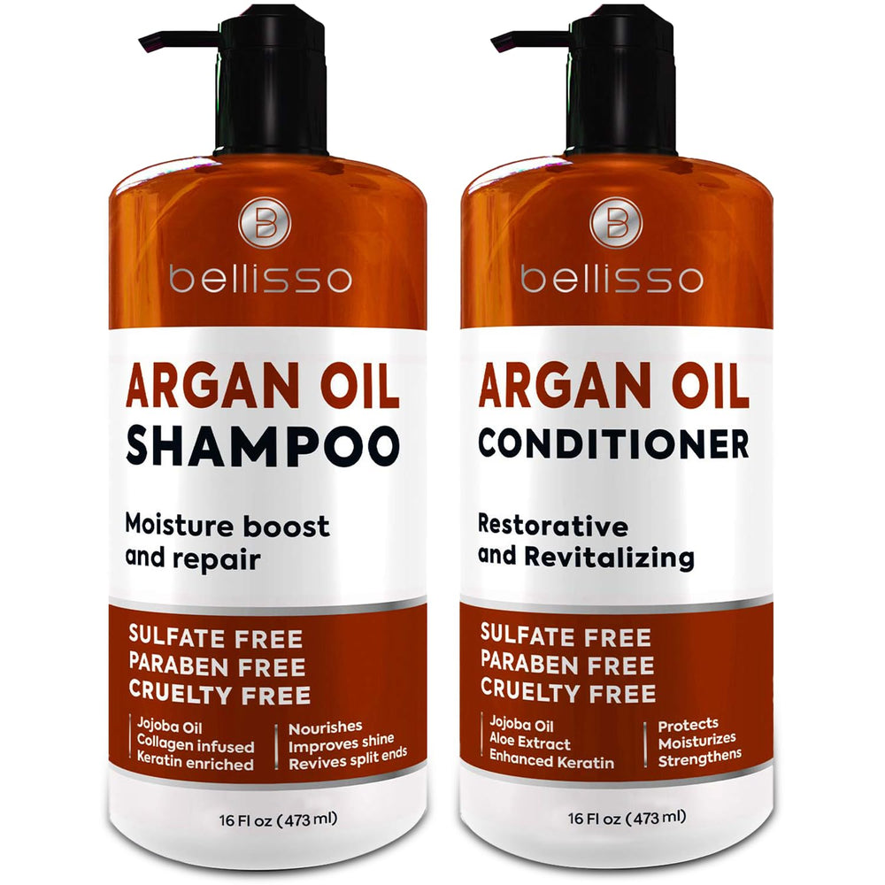 Bellisso Moroccan Argan Oil Shampoo bottle boosts shine and moisture for dry hair