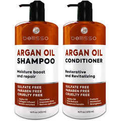 Bellisso Moroccan Argan Oil Shampoo bottle boosts shine and moisture for dry hair