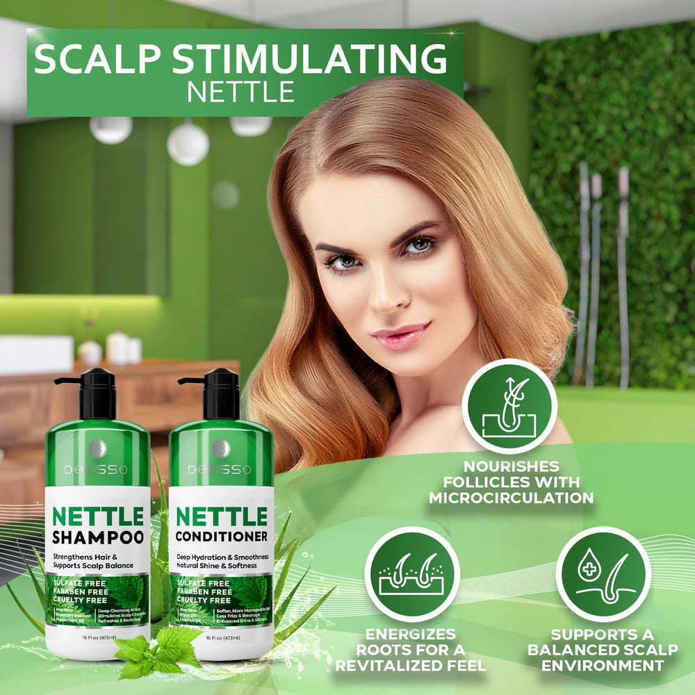 Bellisso Nettle Conditioner tube packaging showcasing strengthening, hydrating care.