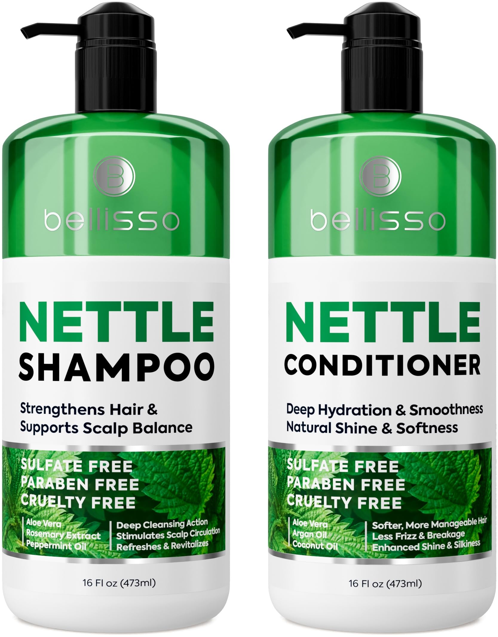 Bellisso Nettle Shampoo bottle close-up highlighting volume-boosting formula for thinning hair.
