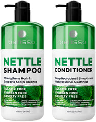 Bellisso Nettle Shampoo bottle close-up highlighting volume-boosting formula for thinning hair.