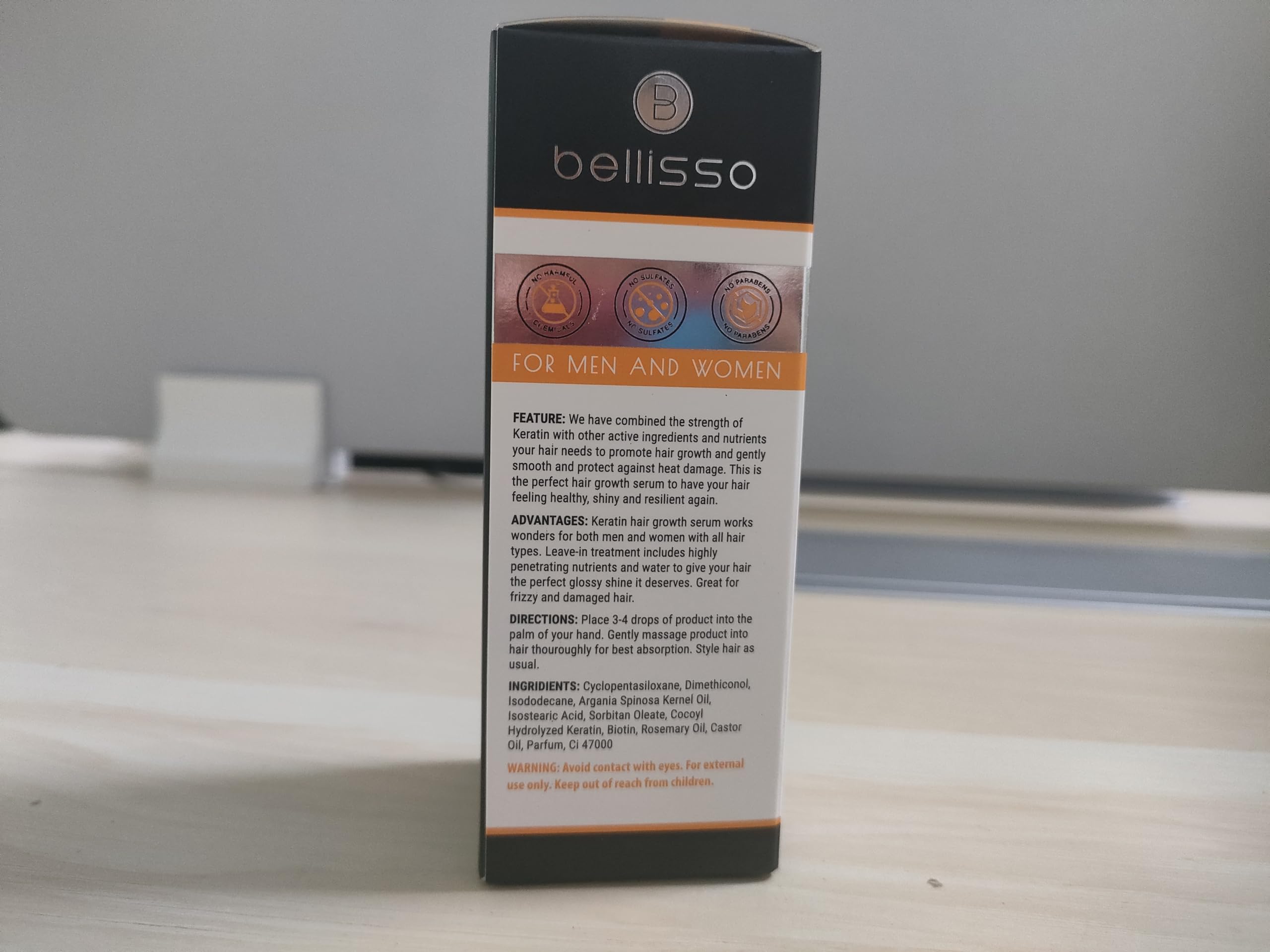 Bellisso packaging box highlighting salon-grade keratin serum.