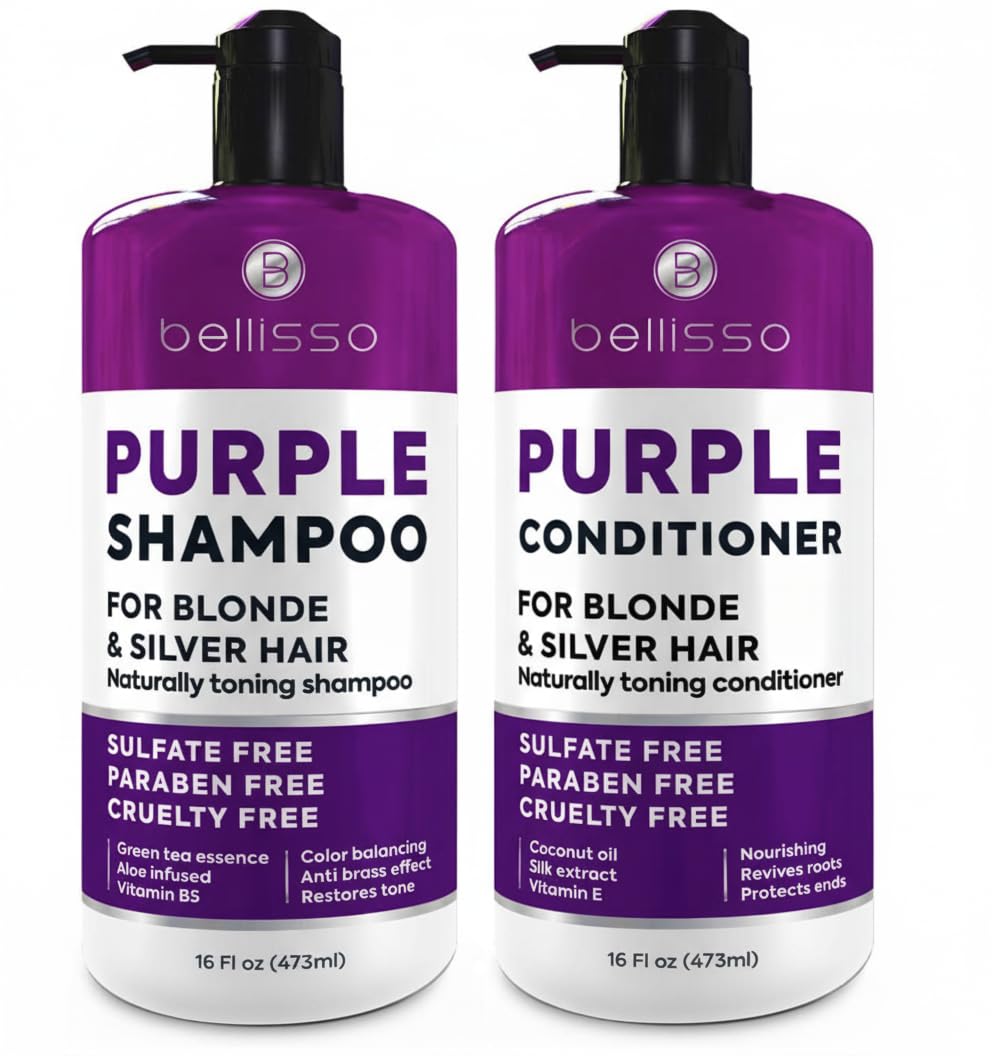 Bellisso purple shampoo bottle neutralizes brass to cool blonde tones.