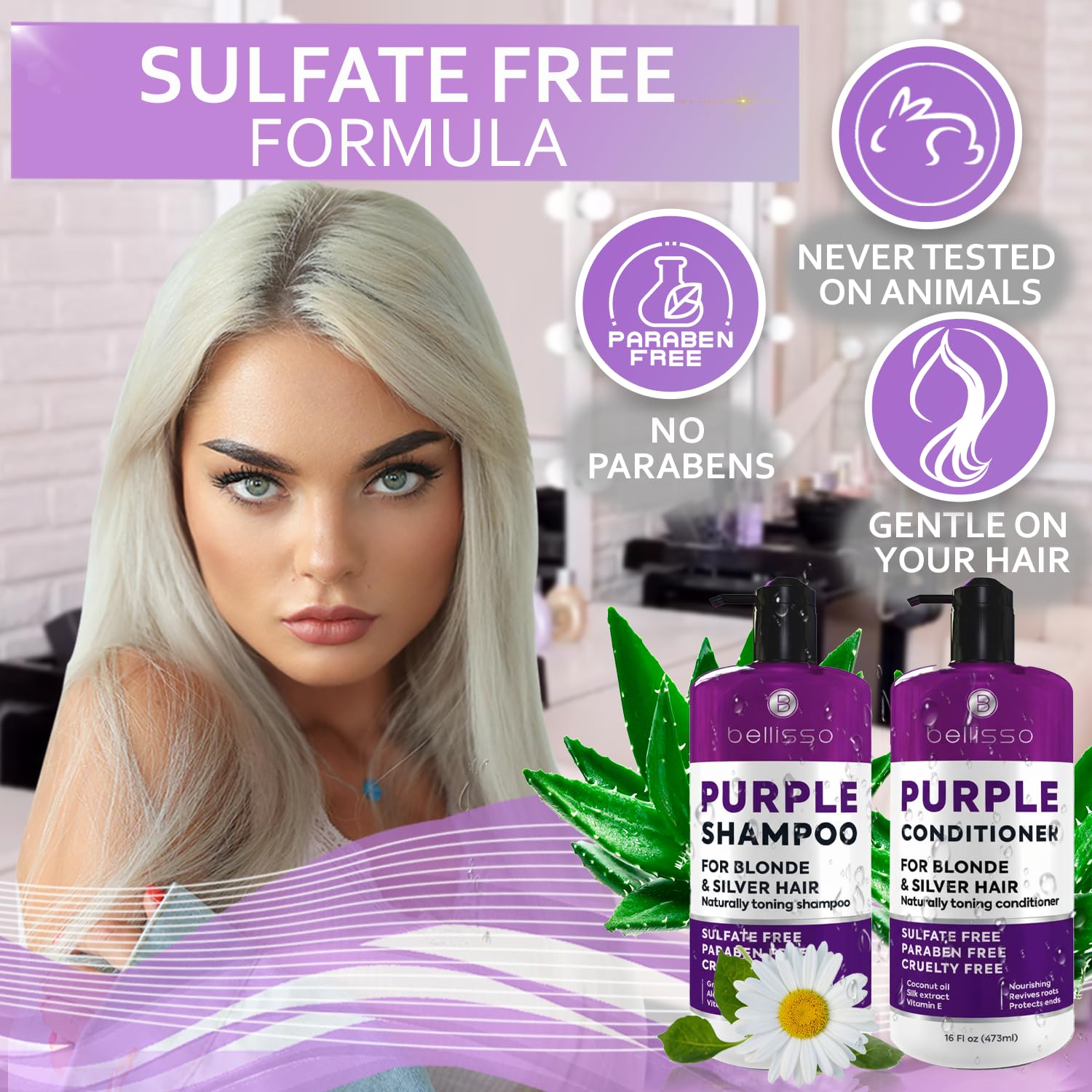 Bellisso purple shampoo closeup highlights color-toning formula.