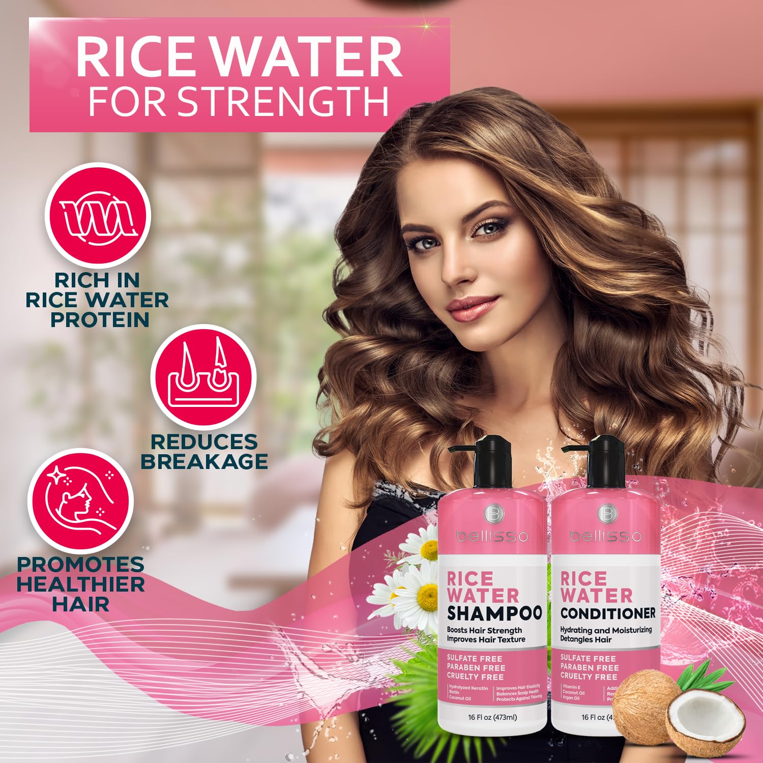 Bellisso Rice Water Conditioner bottle nourishes hair with volume.
