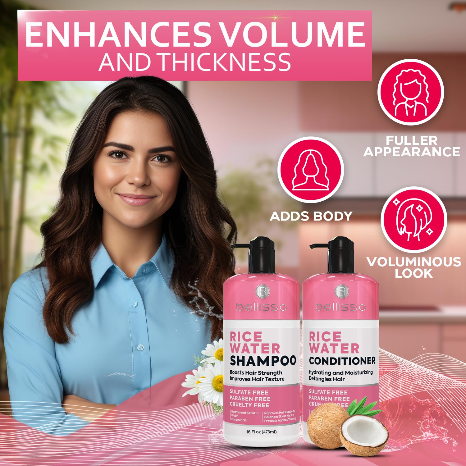 Bellisso Rice Water ingredients label highlights nourishing amino acids.