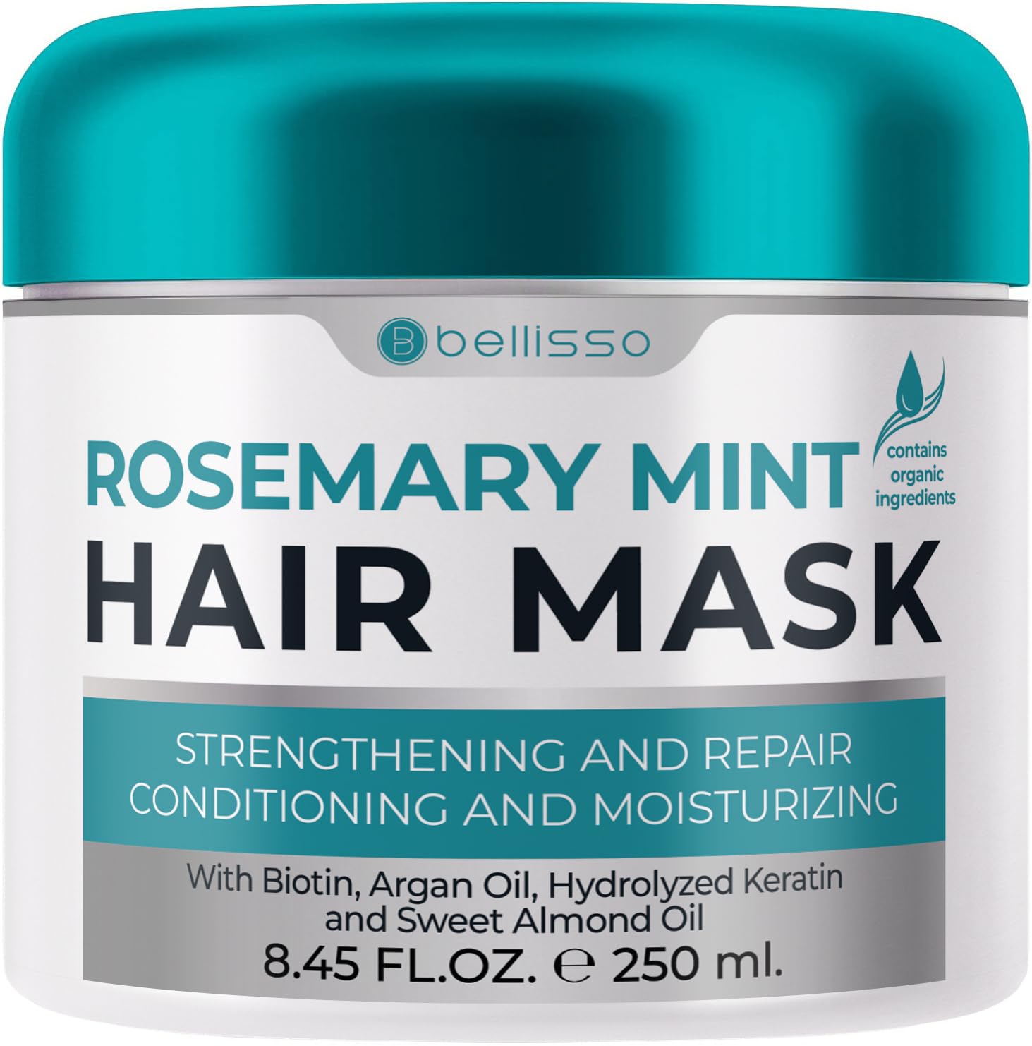 Bellisso Rosemary Mint Oil Hair Mask bottle highlighting deep conditioning for dry, damaged hair