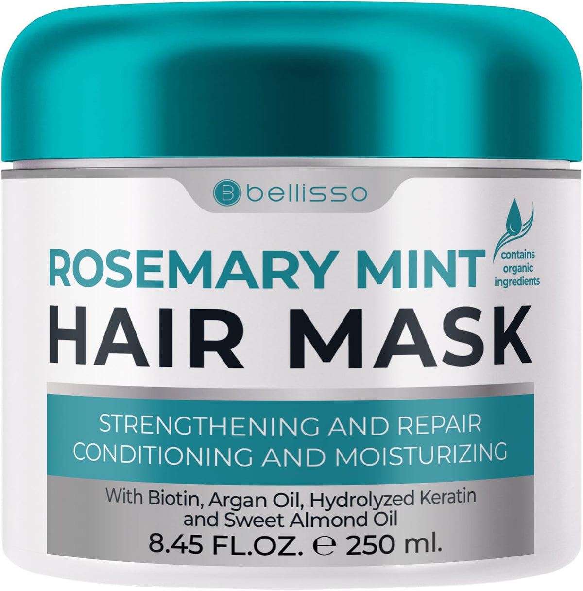 Bellisso Rosemary Mint Oil Hair Mask bottle highlighting deep conditioning for dry, damaged hair