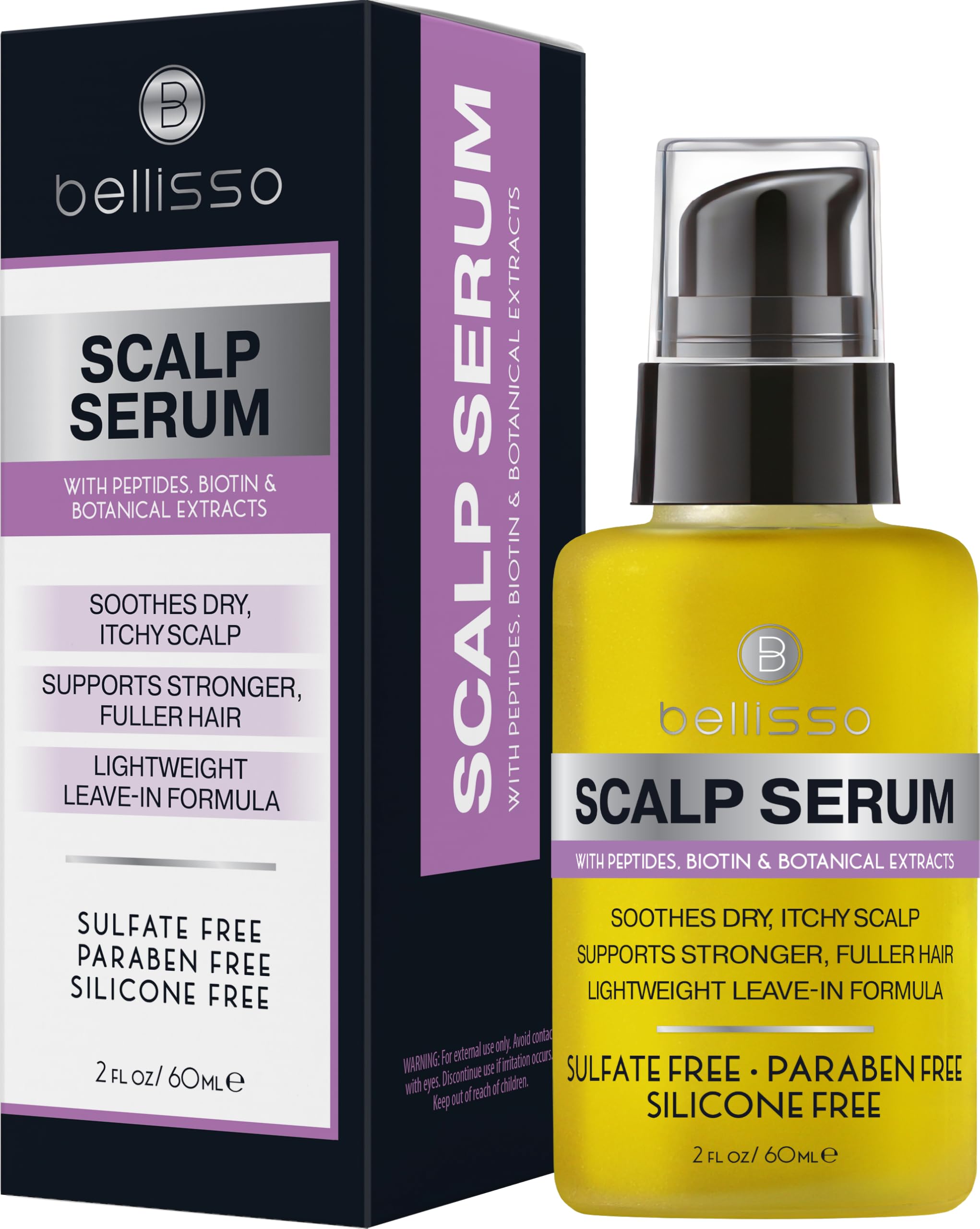 Bellisso scalp serum bottle designed for dry scalp relief.