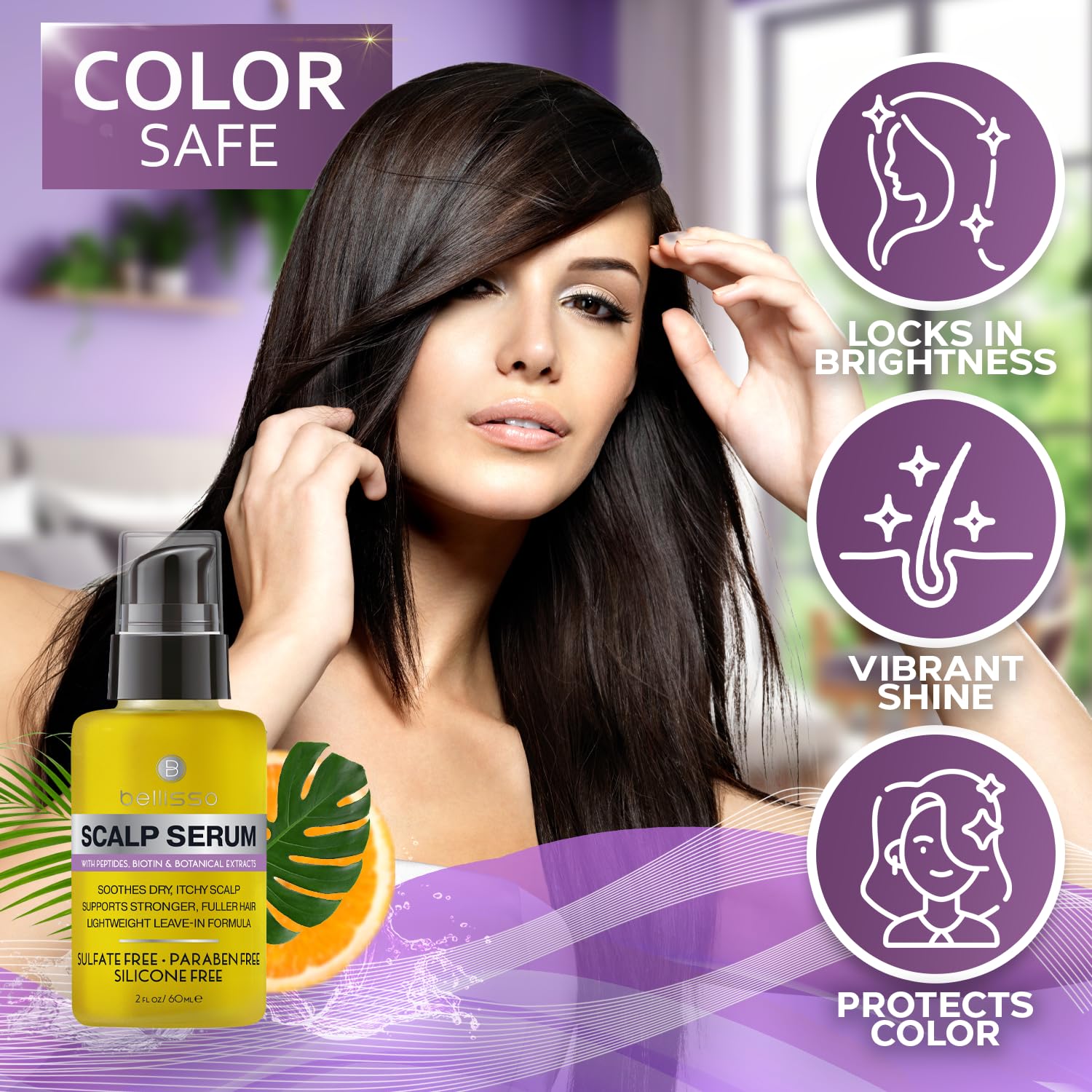 Bellisso scalp serum safe for color-treated hair and gentle on color.