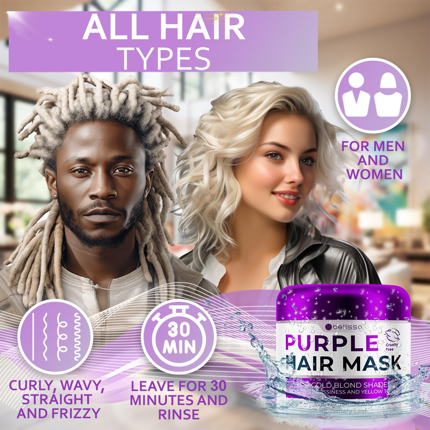 Bellisso purple-hair-mask 30-minute treatment boosts shine and softness.