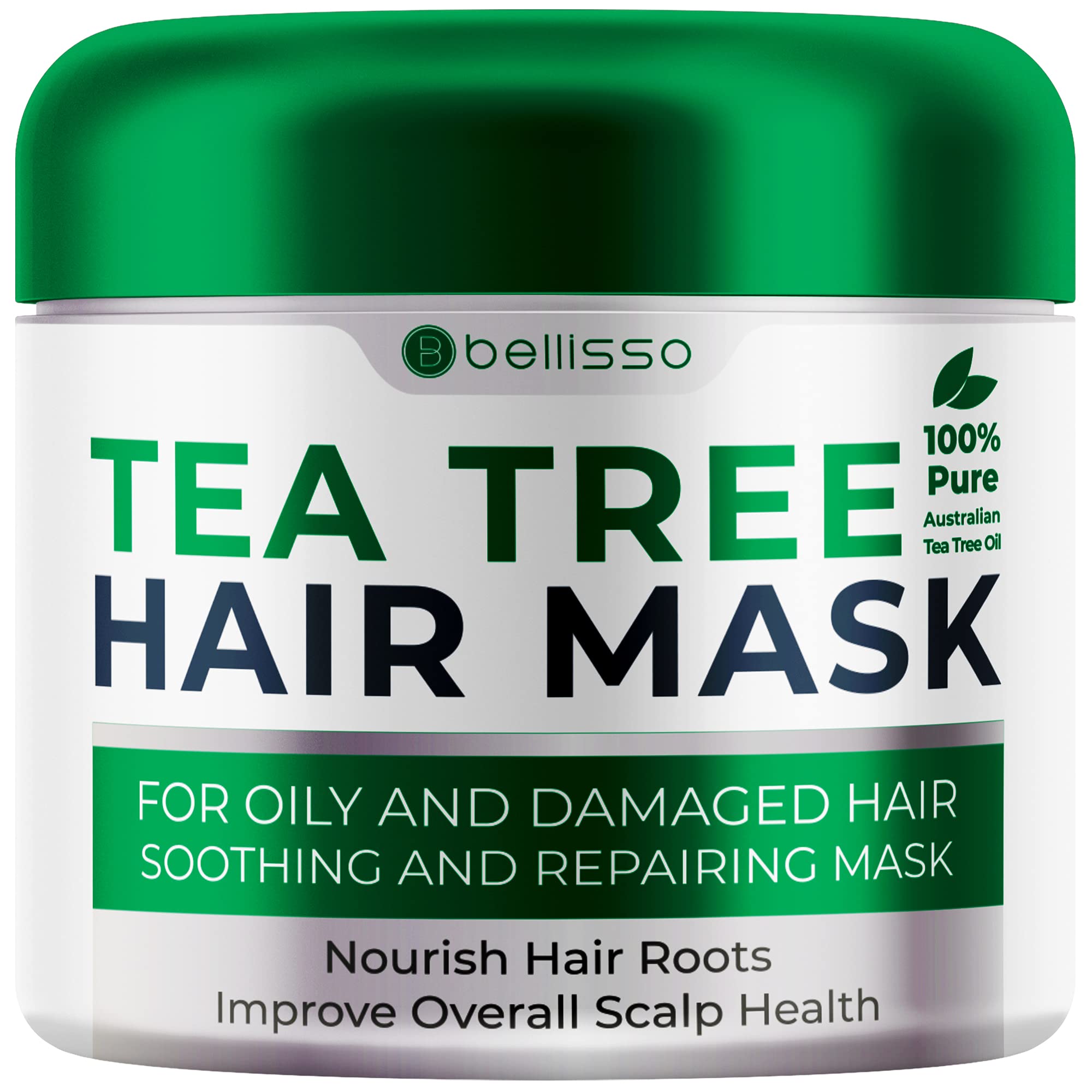 Bellisso Tea Tree Oil Hair Mask packaging and bottle on display for premium conditioning