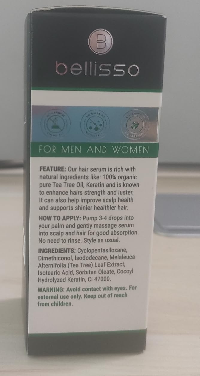 Bellisso Tea Tree Oil Hair Serum before after concept implying visible improvement.
