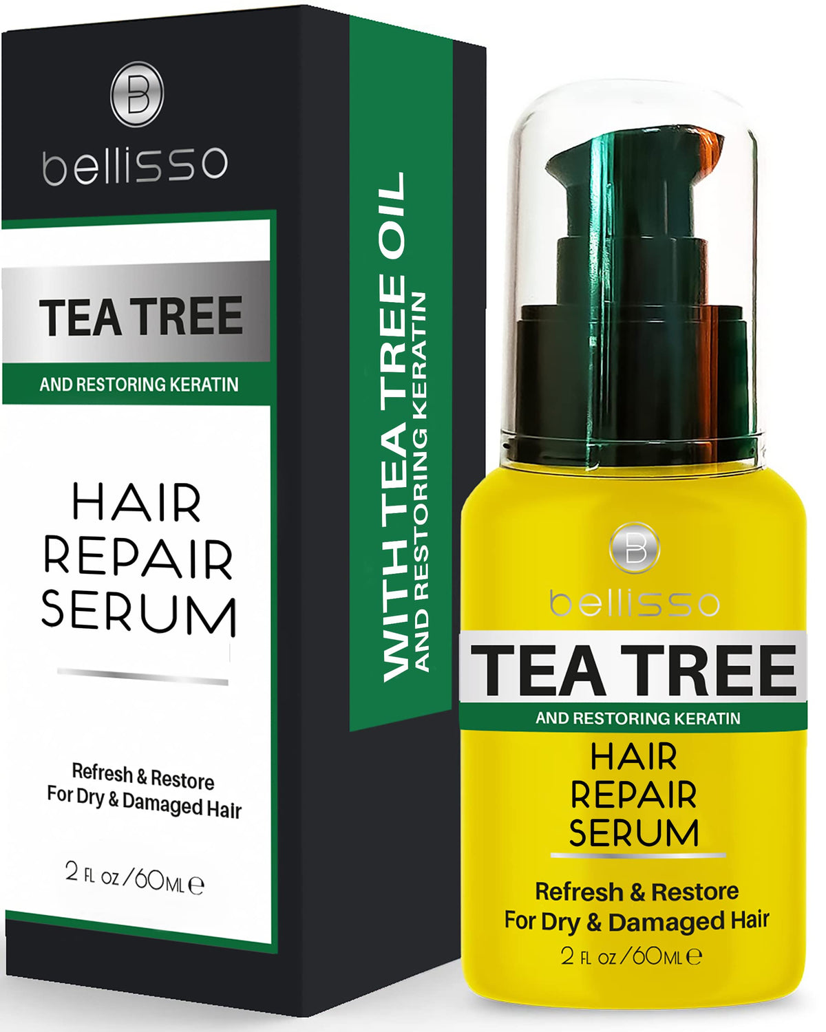 Bellisso Tea Tree Oil Hair Serum bottle pour showing easy application and scalp hydration.
