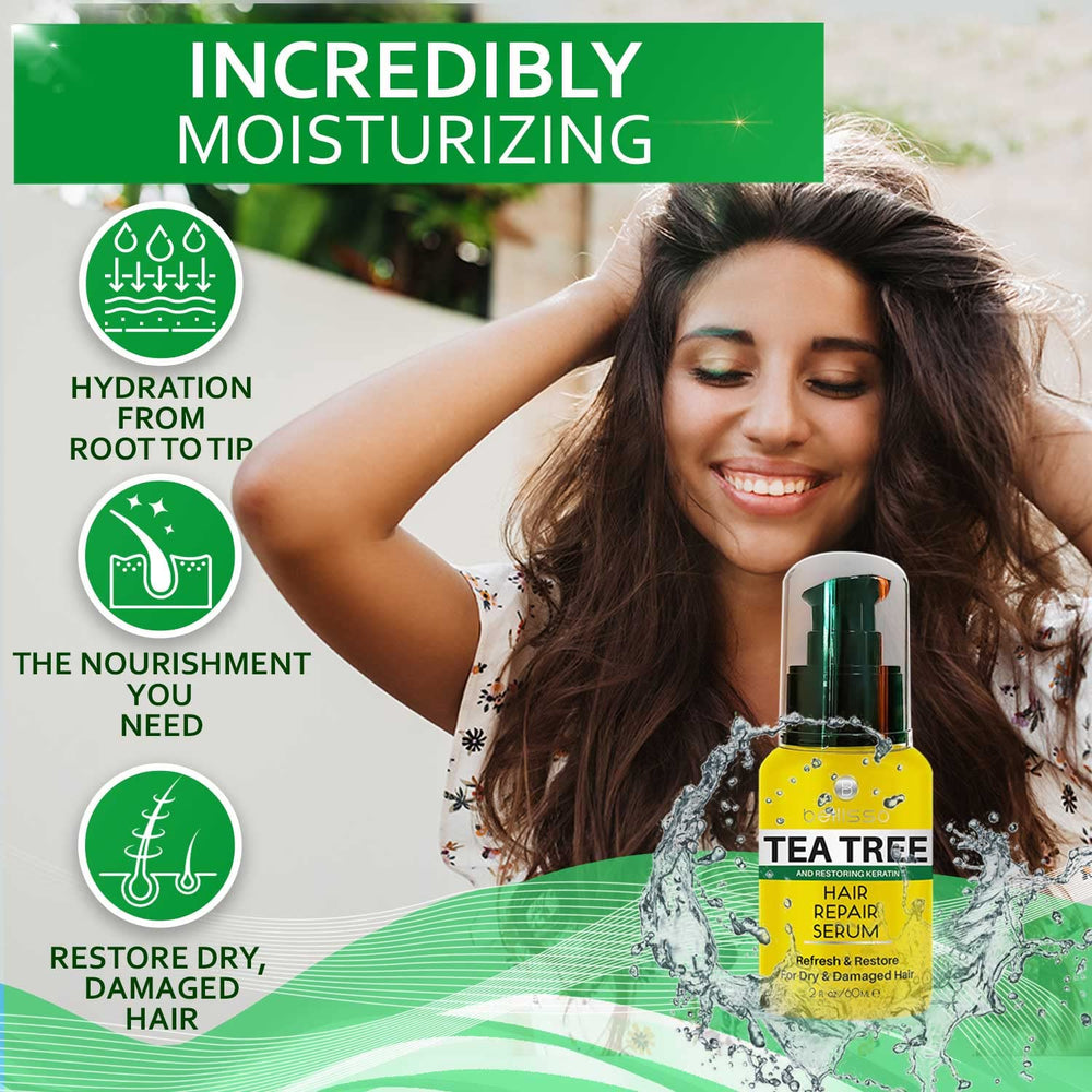 Bellisso Tea Tree Oil Hair Serum ingredients close-up emphasizing tea tree for scalp balance.