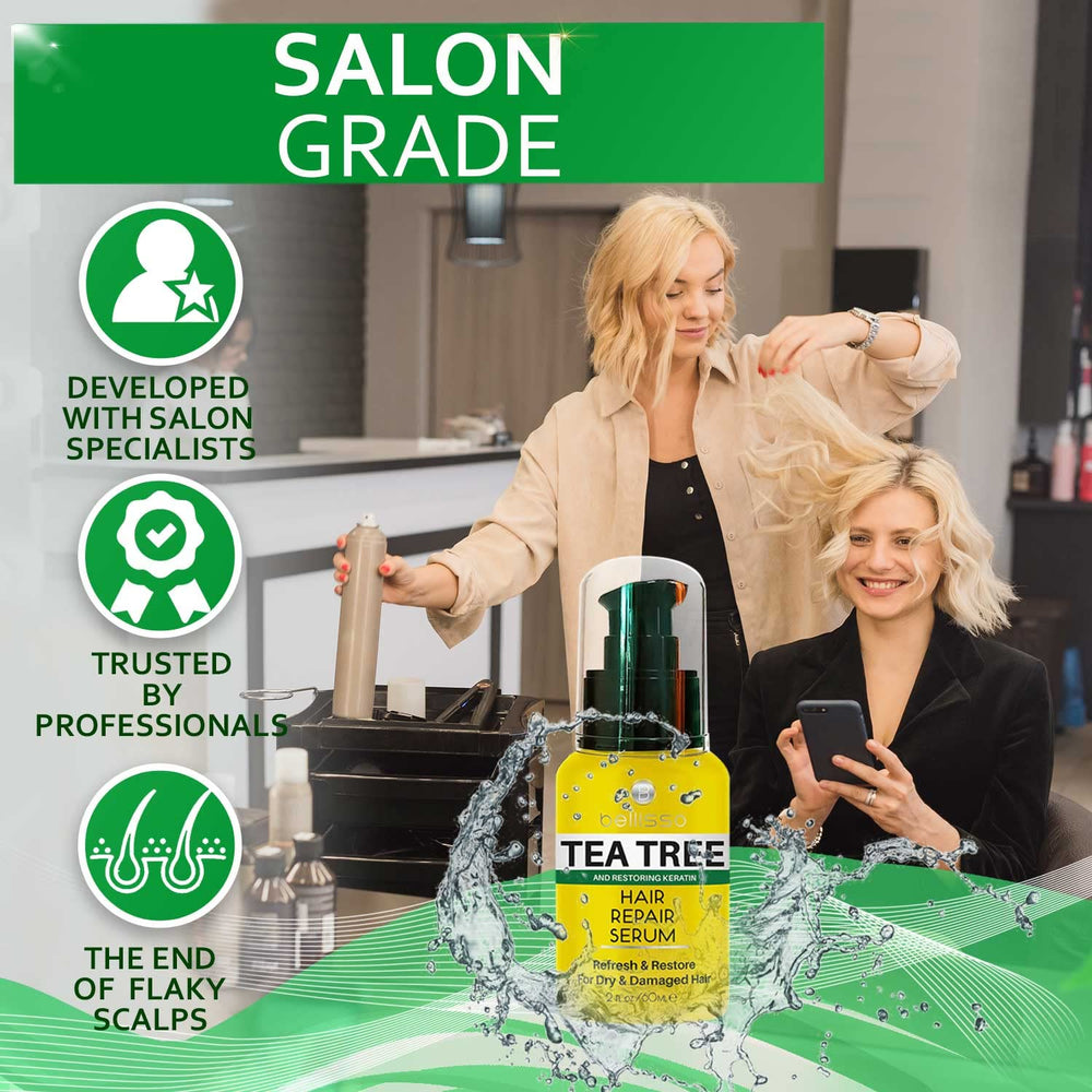 Bellisso Tea Tree Oil Hair Serum shine finish indicating glossy, healthy-looking hair.