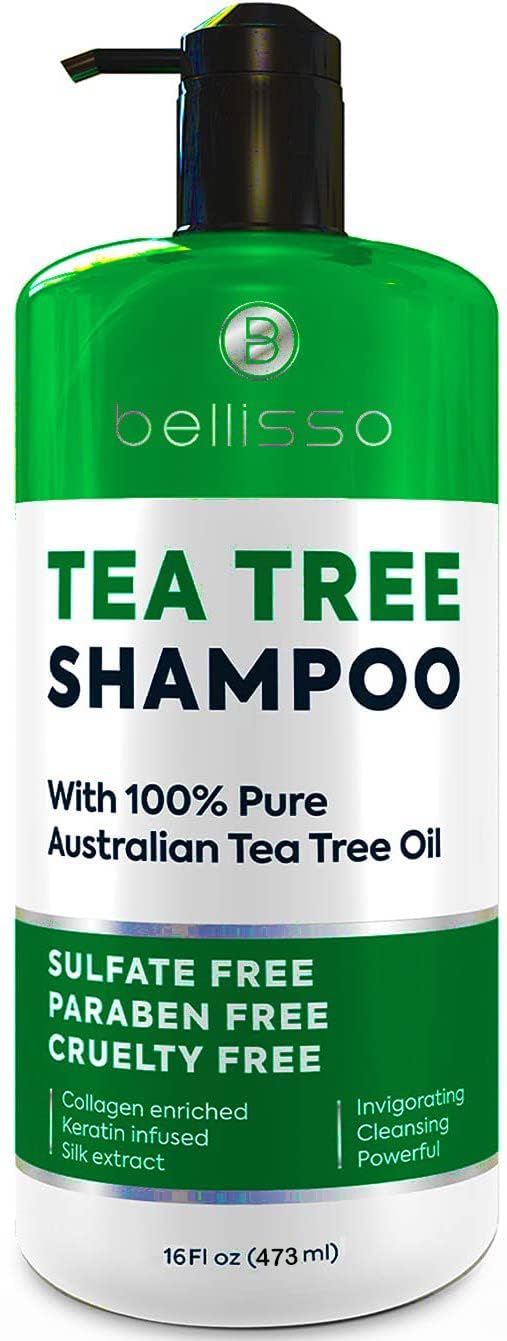 Bellisso Tea Tree Shampoo bottle highlighting sulfate-free formula for oily scalps and buildup relief.