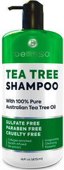 Bellisso Tea Tree Shampoo bottle highlighting sulfate-free formula for oily scalps and buildup relief.