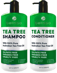 Bellisso Tea Tree Shampoo bottle offers soothing cleanse for irritated scalps.