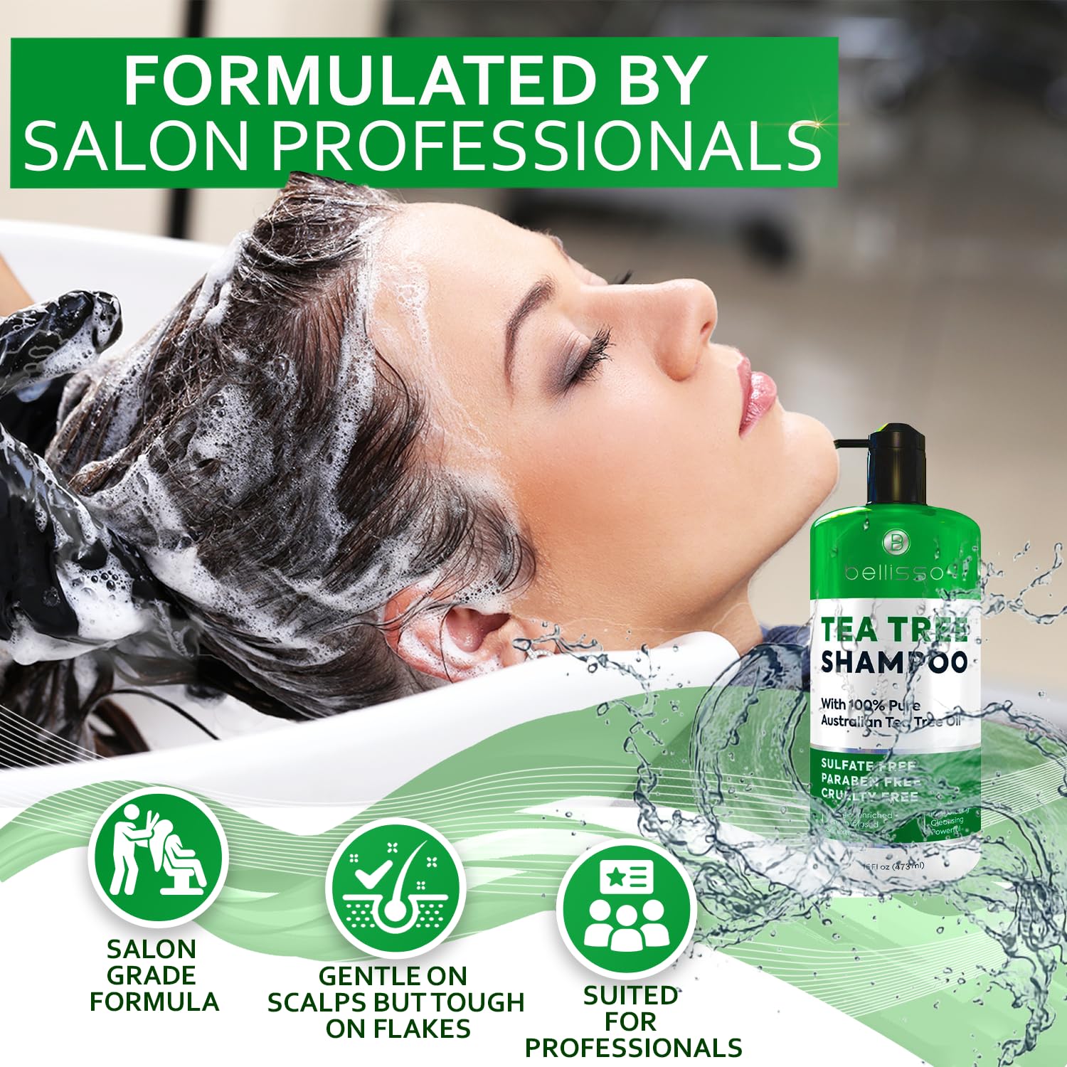 Bellisso Tea Tree Shampoo bottle demonstrates color-safe formula for bleached and color-treated hair.