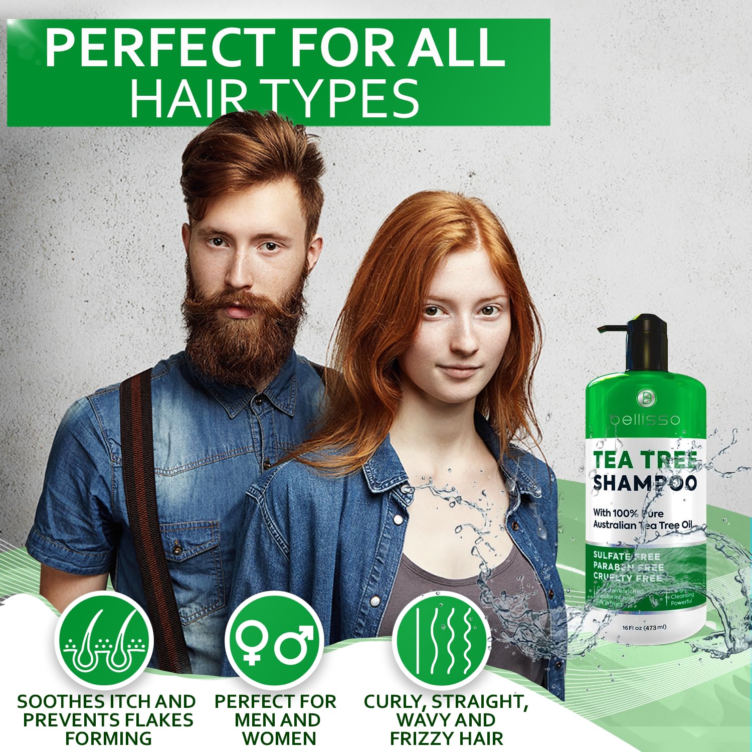 Bellisso Tea Tree Shampoo after-use shine close-up suggests healthier-looking hair.