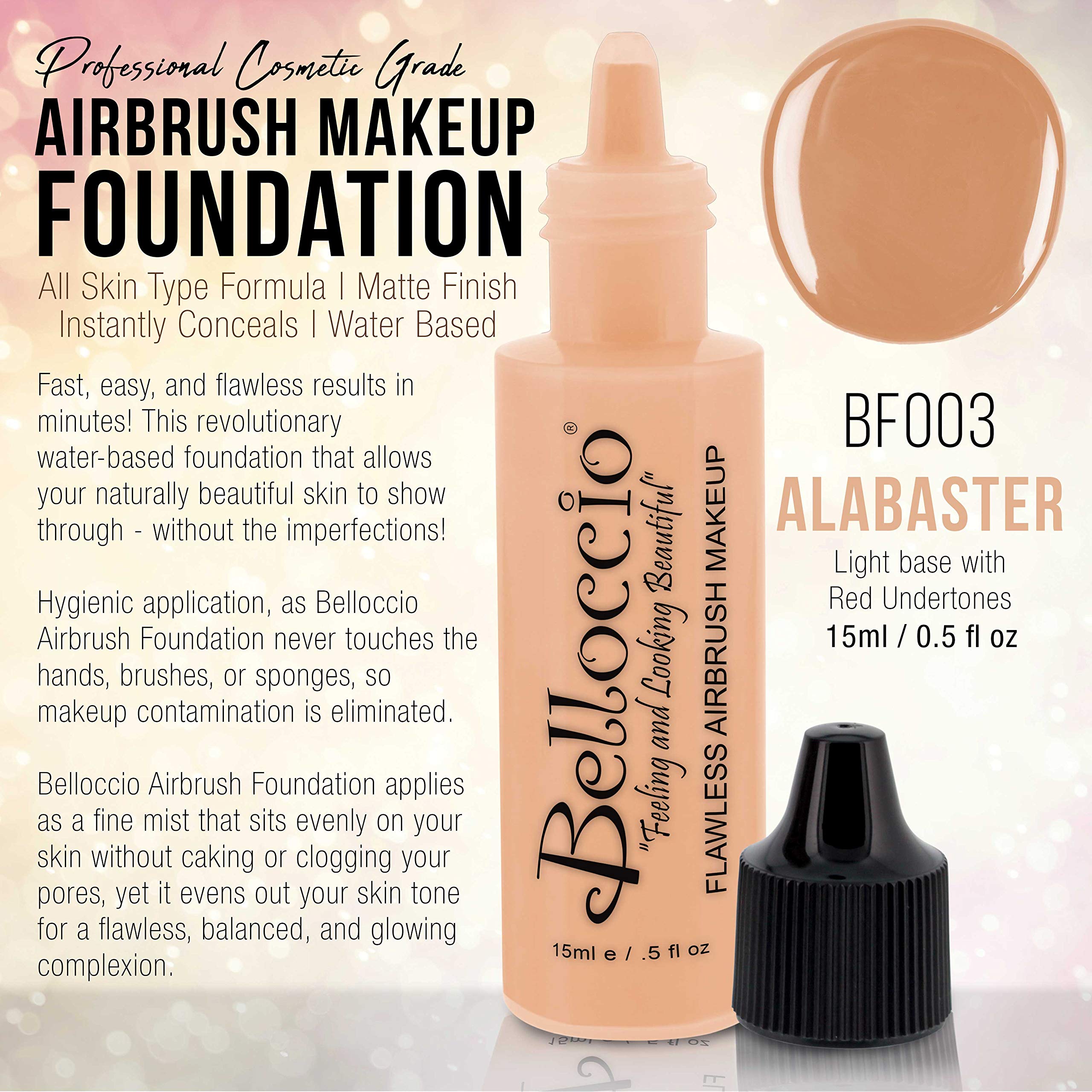 Belloccio airbrush foundation fine mist on skin illustrates even application and natural-looking finish.