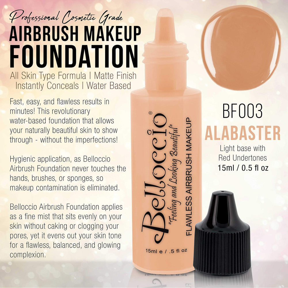 Belloccio airbrush foundation fine mist on skin illustrates even application and natural-looking finish.