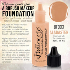 Belloccio airbrush foundation fine mist on skin illustrates even application and natural-looking finish.