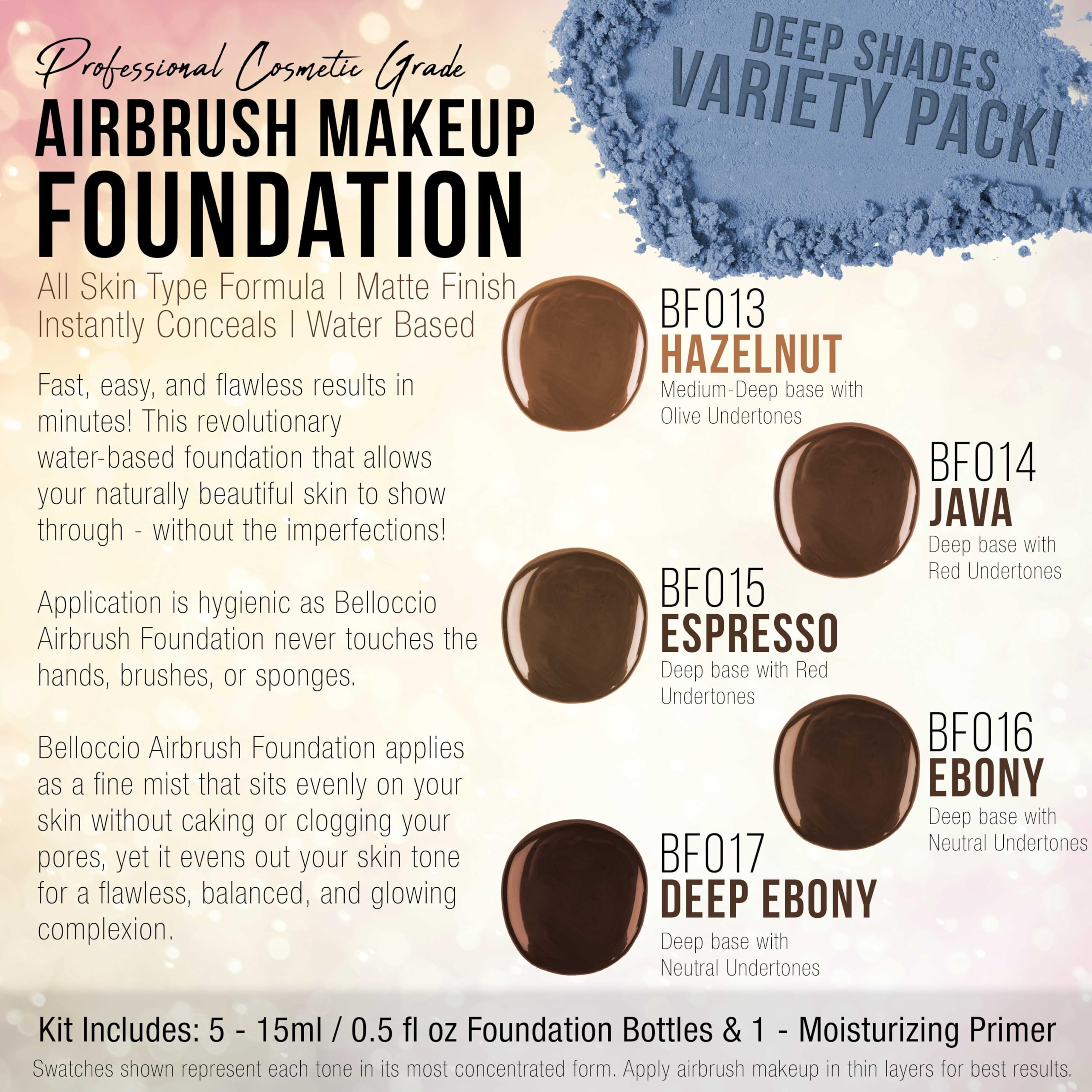 Belloccio five-dark-foundation-shades collection for adaptable skin tone matching.