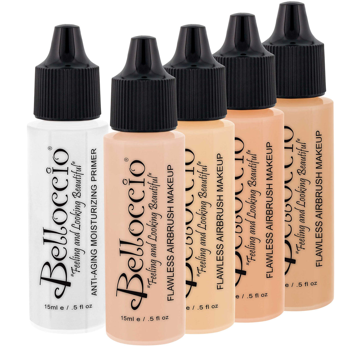Belloccio Fair Color Shade Foundation Set with four light-tone bottles for natural coverage.