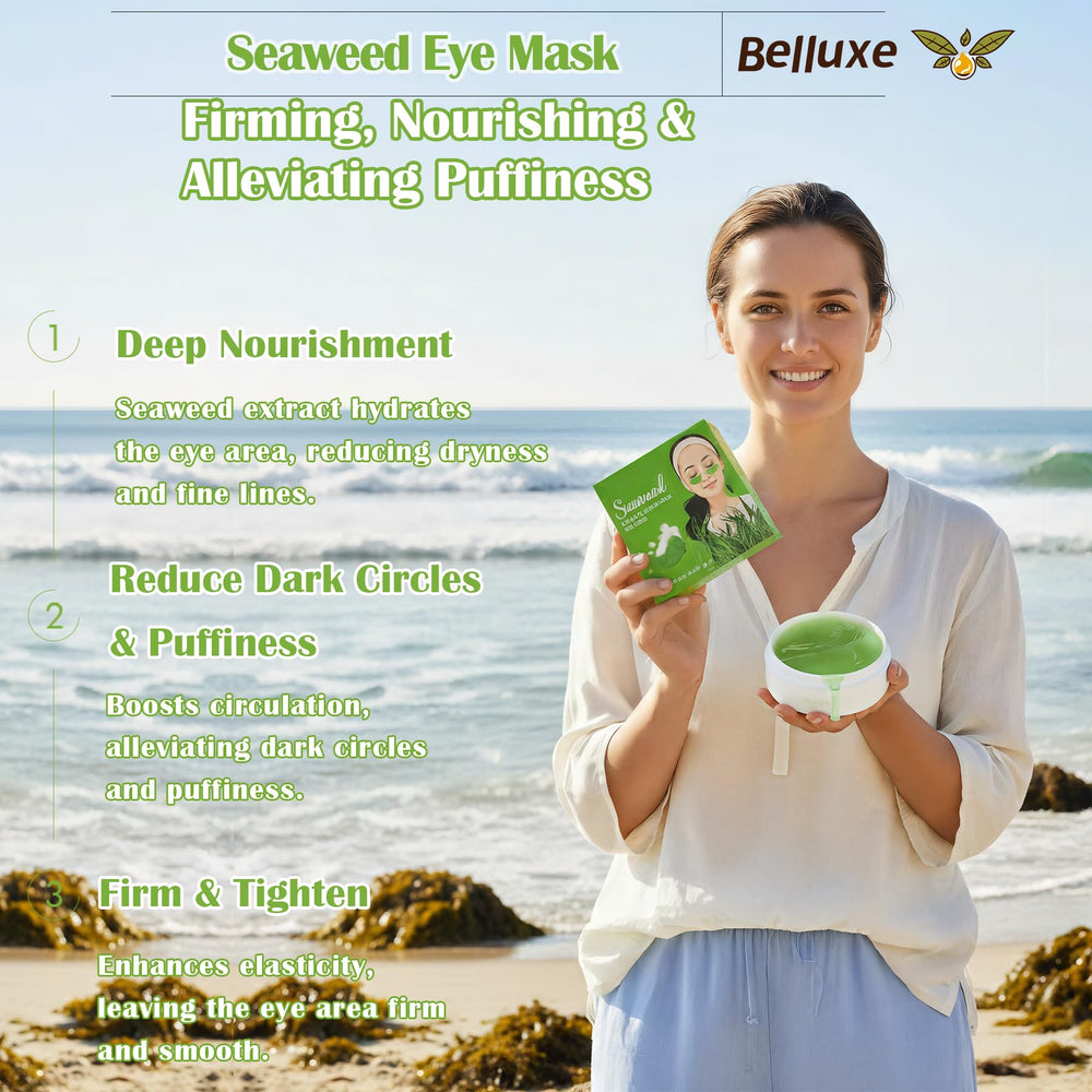 Belluxe Seaweed Eye Mask close-up showing hydrogel texture soothing tired eyes.