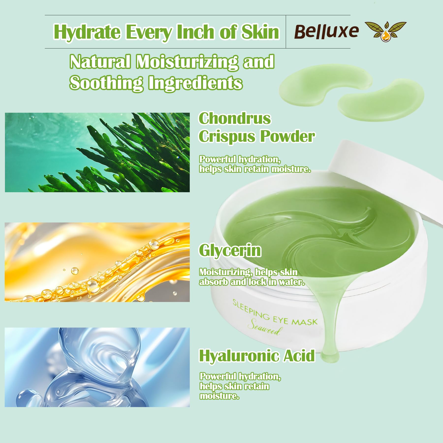 Belluxe Seaweed Eye Mask used during nightly skincare routine under the eyes.
