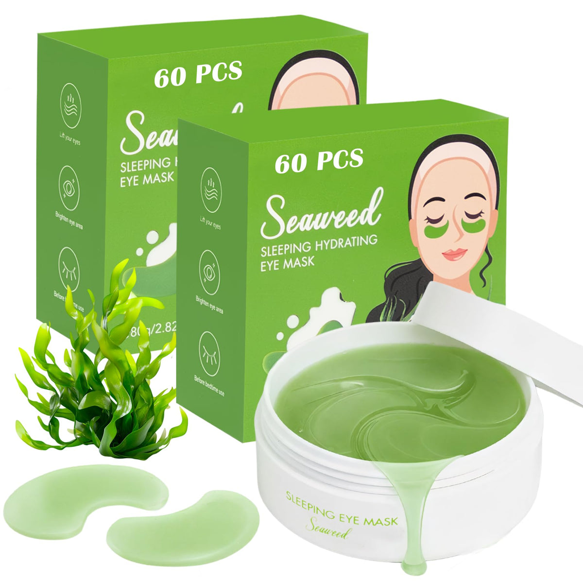 Belluxe Seaweed Eye Mask pack shot highlighting 60 pairs for hydrating under-eye care.