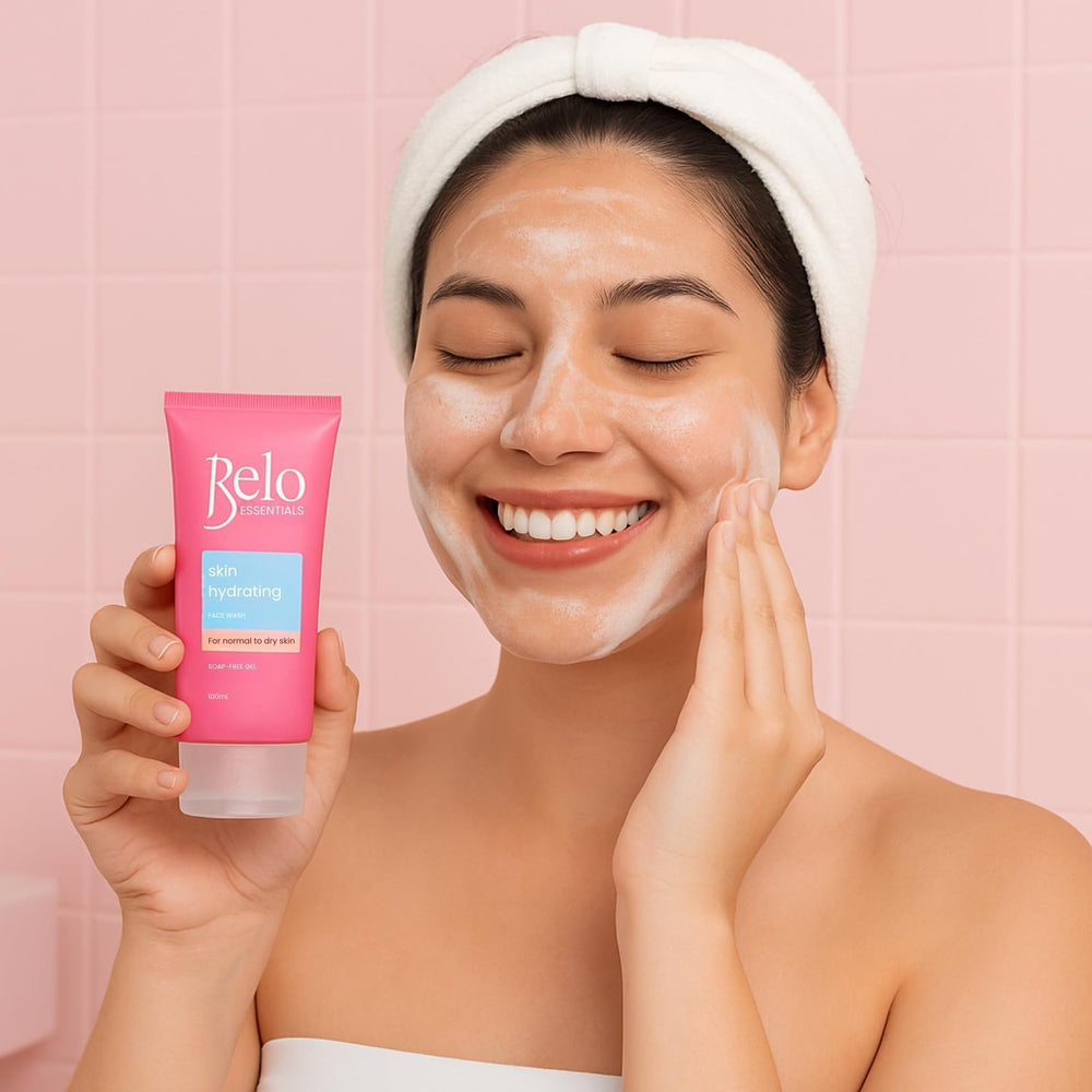 Belo Essentials Bottle-Top View presents a compact 3-bottle set for daily routine.