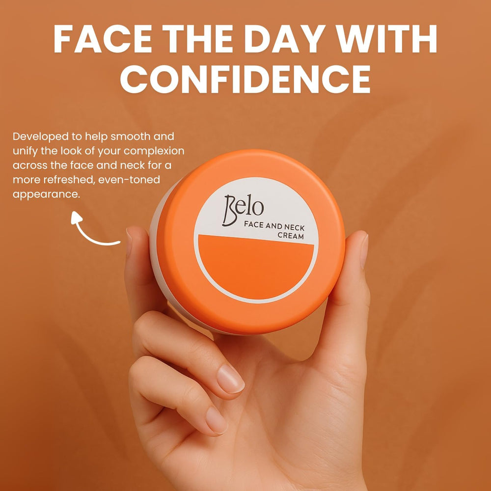 Close-up of dispenser releasing Belo Essentials moisturizer for neck and face.