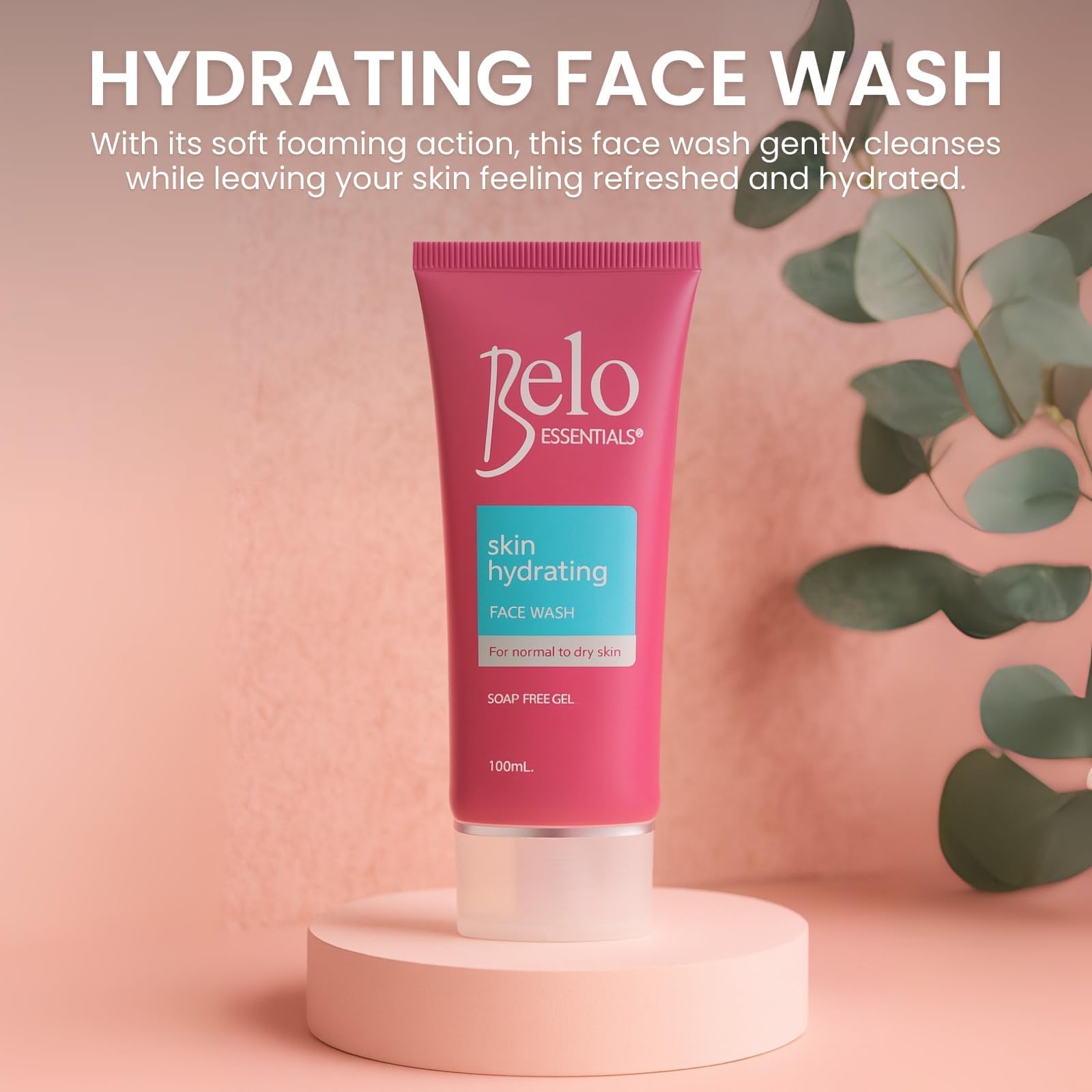Belo Essentials Gel Formula close-up highlights creamy lather for gentle, non-drying cleansing.