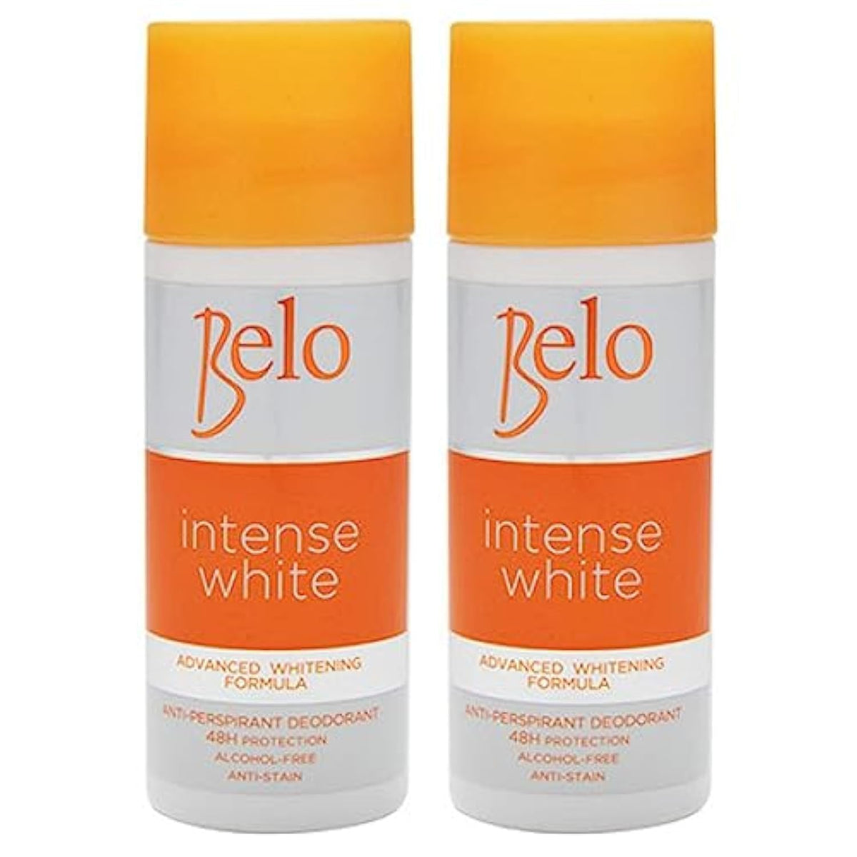 Belo Essentials Intense White deodorant packaging front view highlighting dual whitening action.