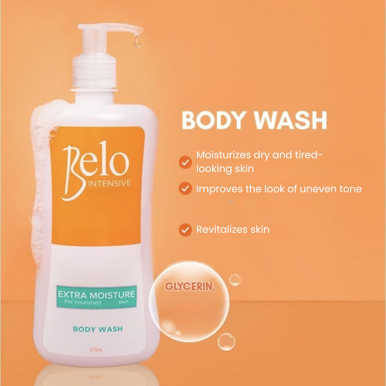 Glycerin molecules illustrate hydration focus in Belo Essentials Intensive Body Wash