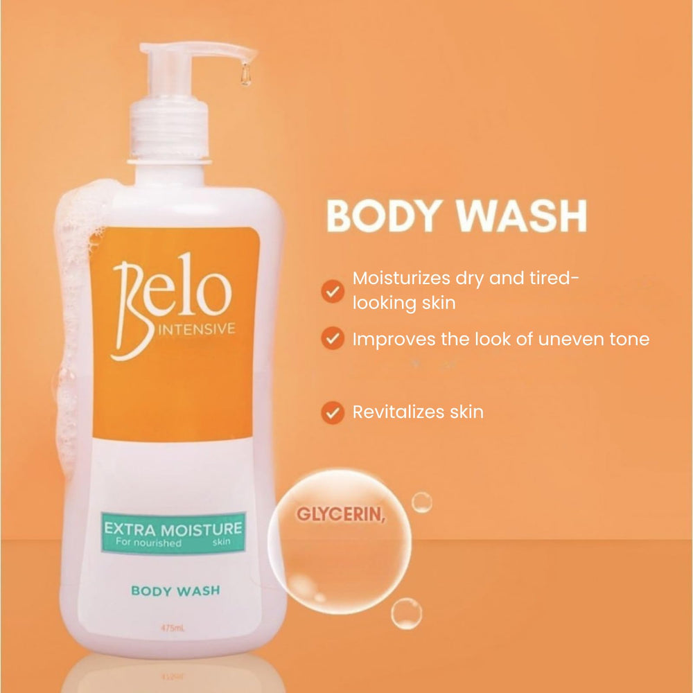 Glycerin molecules illustrate hydration focus in Belo Essentials Intensive Body Wash