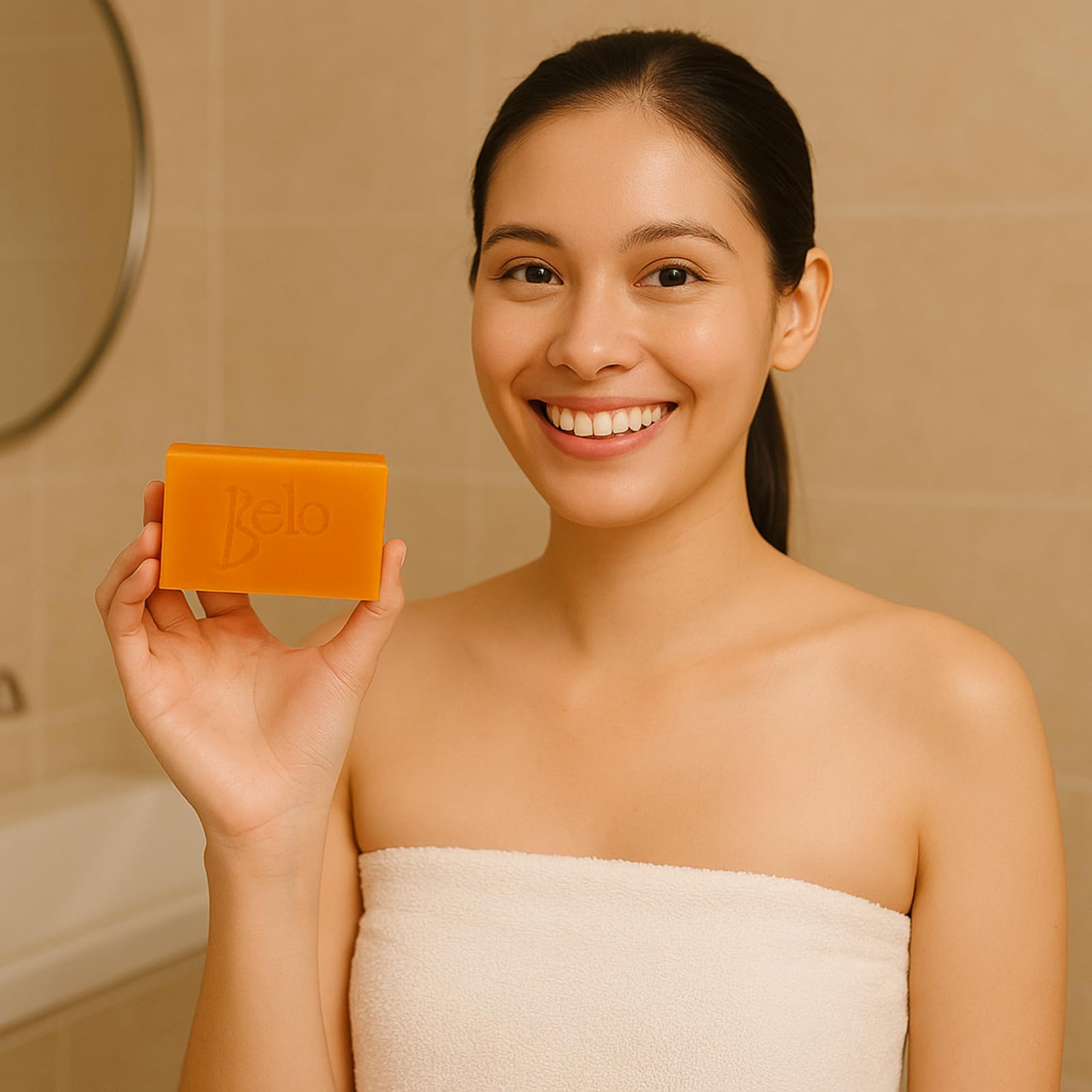 Belo Essentials cleansing bar held in hands during skincare routine for daily use.