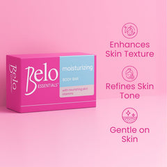 Belo Essentials moisturizing body bar closeup shows creamy texture for skin softness.