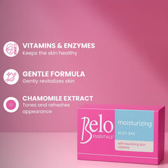 Belo Essentials four-pack bars stacked emphasizing compact travel-ready size.