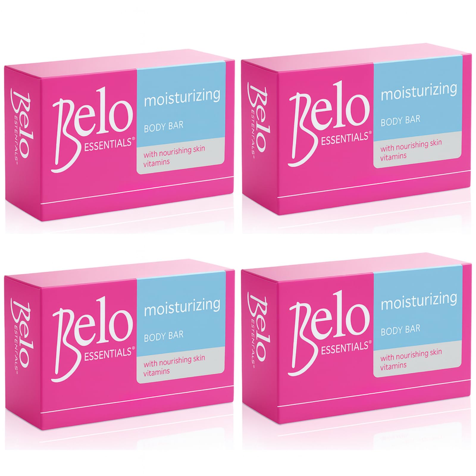 Belo Essentials moisturizing body bar four-pack front view for daily hydration.
