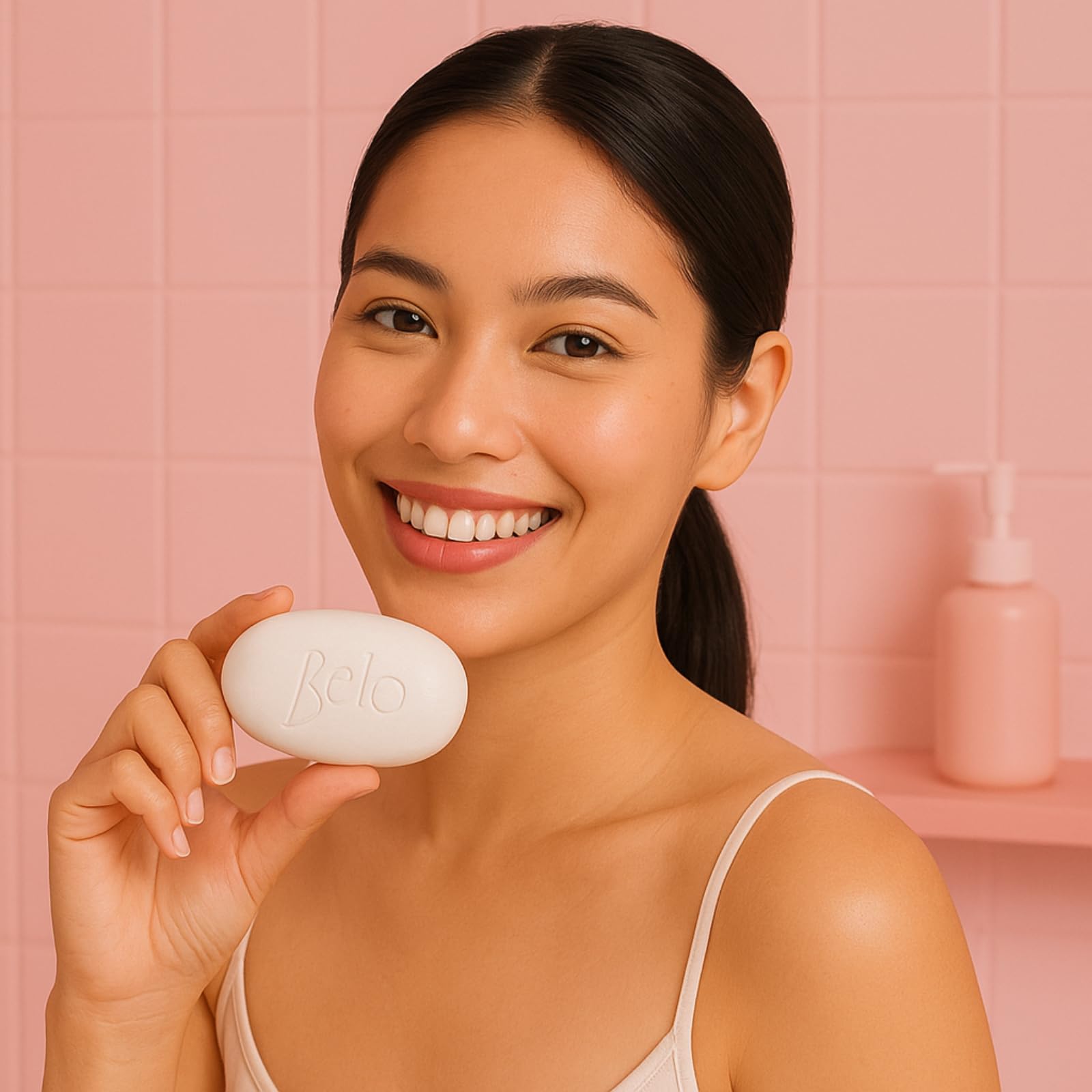 Belo Essentials moisturizing body bar lather photo emphasizes gentle cleansing.