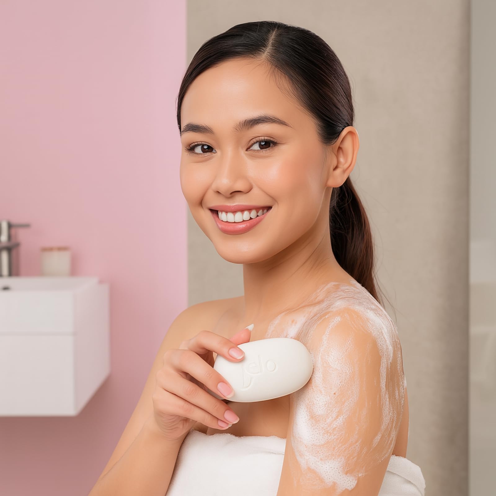 Belo Essentials moisturizing body bar texture closeup showcases smooth application.