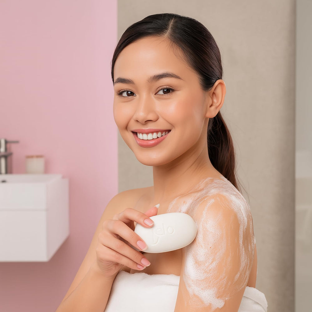 Belo Essentials moisturizing body bar texture closeup showcases smooth application.