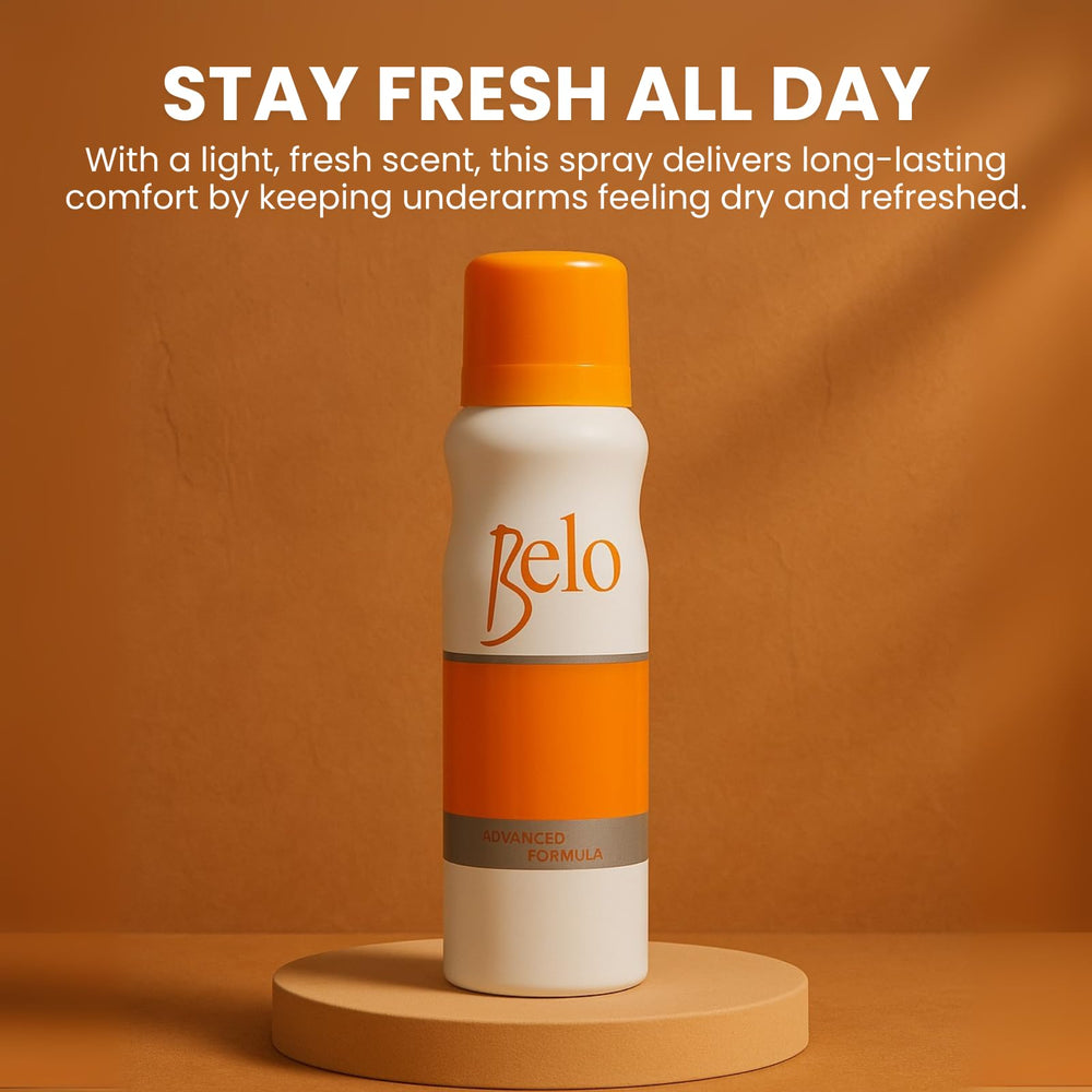 Belo Essentials advanced spray bottle showing quick-dry action for fast dressing.
